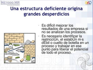 Una estructura deficiente origina grandes desperdicios Es difícil mejorar los resultados de una empresa si no se analizan los procesos. Es necesario identificar la restricci ón, el eslabón más débil o cuello de botella en un proceso y trabajar en ese punto para liberar el potencial de todo el proceso. 