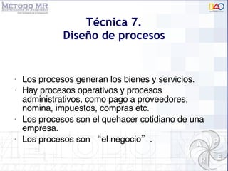 T écnica 7. Diseño de procesos Los procesos generan los bienes y servicios. Hay procesos operativos y procesos administrativos, como p ago a proveedores, nomina, impuestos, compras etc. Los procesos son el quehacer cotidiano de una empresa.  Los procesos son “el negocio”. 