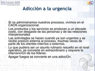 Adicci ón a la urgencia Si no administramos nuestros procesos, vivimos en el CAOS organizacional.  Los productos y los servicios se producen a un elevado costo, con desgaste de las personas y de las relaciones interpersonales. Las actividades se hacen cuando ya son urgentes y se recibe presi ón externa al proceso, muchas veces de parte de los clientes internos o externos. Lo que pudiera ser un asunto rutinario resuelto en el nivel operativo, se convierte en extraordinario y requiere la intervenci ón de los líderes . Apagar fuegos se convierte en una adicci ón. 