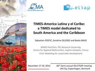 Sebastien POSTIC, Sandrine SELOSSE and Nadia MAIZI
MINES ParisTech, PSL Research University,
Centre for Applied Mathematics, Sophia Antipolis, France
Chair Modeling for sustainable development
TIMES-America Latina y el Caribe:
a TIMES model dedicated to
South America and the Caribbean
November 17-19, 2014 66th Semi-annual IEA-ETSAP meeting
UN City, Copenhagen, Denmark
 