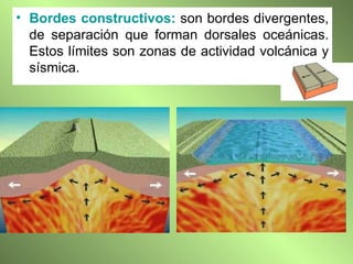 Bordes constructivos:  son bordes divergentes, de separación que forman dorsales oceánicas. Estos límites son zonas de actividad volcánica y sísmica. 