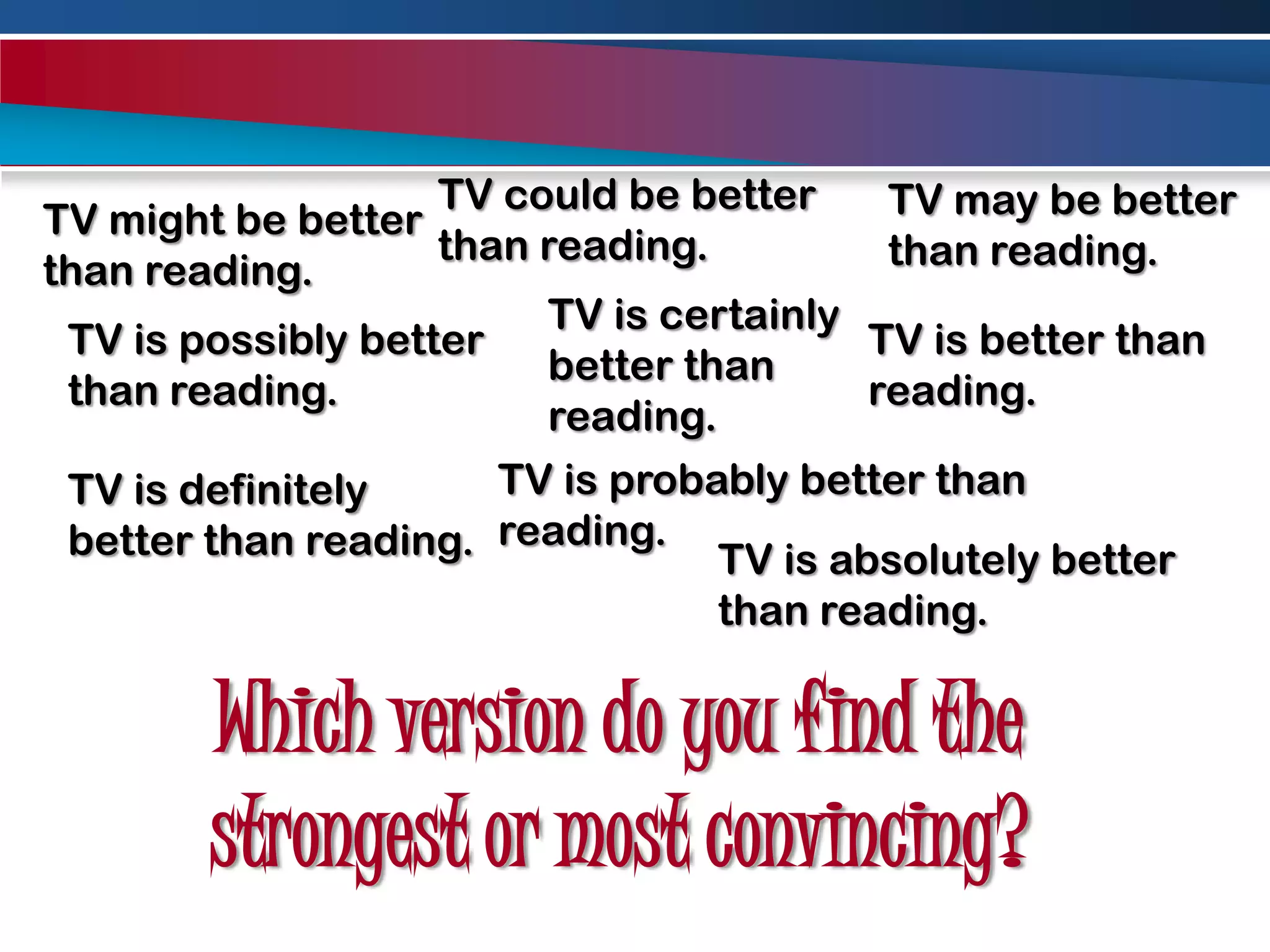 TV could be better than reading.TV may be better than reading.TV might be better than reading.TV is certainly better than reading.TV is possibly better than reading.TV is better than reading.TV is probably better than reading.TV is definitely better than reading.TV is absolutely better than reading.Which version do you find the strongest or most convincing?