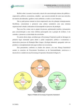 IV CONGRESSO NACIONAL DE EXCELÊNCIA EM GESTÃO
                                                                         Responsabilidade Socioambiental das Organizações Brasileiras
                                                                           Niteroi, RJ, Brasil, 31 de julho, 01 e 02 de agosto de 2008




        Refletir sobre o assunto é necessário, através da conscientização intensa dos públicos -
empresários, políticos, economistas, cidadãos – que carecem entender de como suas emissões,
de maneira desordenadas, agridem o meio ambiente e a todos os seres humanos.
        Não se pode pensar somente no lucro empresarial, mas sim, planejar estrategicamente,
flexibilizar, conscientizar e promover uma cultura sustentável, com uma estrutura
organizacional voltada a indicadores de desempenho no processo de produção.
        Para esse fim, contar com os grupos de pessoas, aprimorando reuniões, treinamentos
para conscientização a uma visão sistêmica preocupada com a geração de resíduos, é um
caminho, e promover a criatividade dos envolvidos.
        Os autores deste artigo, acreditam que a Governança Corporativa pode ter destaque em
primeiro lugar orientando quem detém o poder (empresário, político e economista) a
desenvolver processos de Produção Mais Limpa e Ecologia Industrial, agregando valor aos
produtos e conseqüentemente não jogar resíduos no ecossistema.
        Este pensamento, conforme os estudos dos autores, cria uma Aliança Sustentável
unindo os conceitos de Crescimento Econômico ao de Sustentabilidade, motivou-os a
desenvolver o modelo de uma Governança Corporativa Sustentável (Figura 5).



                                                      Planejamento
                                                      estratégico.




                                         Processo e   Governança     Estrutura
                                         Cultura      Corporativa    Organizaci-
                                                                     onal



                  Estilo
                 gerencial                            Medidas de                          Sustentabilidade
                                                      Desempenho


                                                                              Produção         Meio            Ecologia
     Visão        Pessoas e      Criativi-                                      Mais          Ambiente        Indústrial
   Sistêmica       Grupos         dade                                         Limpa



                                                      Princípios                              Reciclagem e
               Conscientização                        Propósitos                               controle de
                                                        Poder                                   resíduos
                                                      Processos
                                                       Práticas


                                  Figura 5: Modelo de Governança Corporativa Sustentável




IV CNEG                                                                                                                            16
 