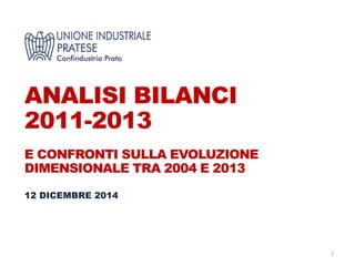 ANALISI BILANCI
2011-2013
E CONFRONTI SULLA EVOLUZIONE
DIMENSIONALE TRA 2004 E 2013
1
12 DICEMBRE 2014
 