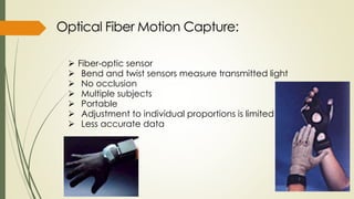  Fiber-optic sensor 
 Bend and twist sensors measure transmitted light 
 No occlusion 
 Multiple subjects 
 Portable 
 Adjustment to individual proportions is limited 
 Less accurate data 
 