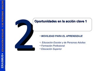 22Oportunidades en llaa aacccciióónn ccllaavvee 11 
• MOVILIDAD PARA EL APRENDIZAJE 
•. Educación Escolar y de Personas Adultas 
• Formación Profesional 
• Educación Superior 
 