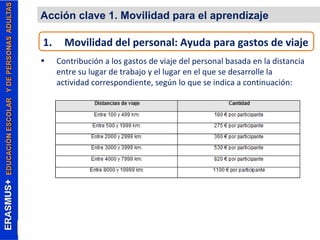 Acción clave 1. Movilidad para el aprendizaje 
1. Movilidad del personal: Ayuda para gastos de viaje 
• Contribución a los gastos de viaje del personal basada en la distancia 
entre su lugar de trabajo y el lugar en el que se desarrolle la 
actividad correspondiente, según lo que se indica a continuación: 
 