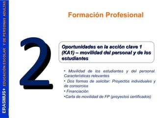 Formación Profesional 
22Oportunidades eenn llaa aacccciióónn ccllaavvee 11 
((KKAA11)) –– mmoovviilliiddaadd ddeell ppeerrssoonnaall yy ddee llooss 
eessttuuddiiaanntteess 
• Movilidad de los estudiantes y del personal. 
Características relevantes 
• Dos formas de solicitar: Proyectos individuales y 
de consorcios 
• Financiación 
•Carta de movilidad de FP (proyectos certificados) 
 