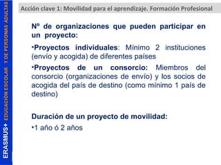 Acción clave 1: Movilidad para el aprendizaje. Formación Profesional 
Nº de organizaciones que pueden participar en 
un proyecto: 
•Proyectos individuales: Mínimo 2 instituciones 
(envío y acogida) de diferentes países 
•Proyectos de un consorcio: Miembros del 
consorcio (organizaciones de envío) y los socios de 
acogida del país de destino (como mínimo 1 país de 
destino) 
Duración de un proyecto de movilidad: 
•1 año ó 2 años 
 