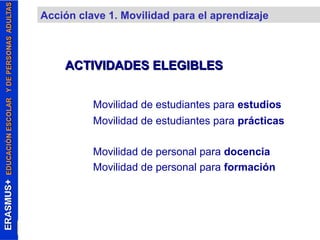 Acción clave 1. Movilidad para el aprendizaje 
ACTIVIDADES EELLEEGGIIBBLLEESS 
Movilidad de estudiantes para estudios 
Movilidad de estudiantes para prácticas 
Movilidad de personal para docencia 
Movilidad de personal para formación 
 