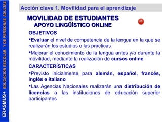 Acción clave 1. Movilidad para el aprendizaje 
MOVILIDAD DDEE EESSTTUUDDIIAANNTTEESS 
AAPPOOYYOO LLIINNGGÜÜÍÍSSTTIICCOO OONNLLIINNEE 
OBJETIVOS 
Evaluar el nivel de competencia de la lengua en la que se 
realizarán los estudios o las prácticas 
Mejorar el conocimiento de la lengua antes y/o durante la 
movilidad, mediante la realización de cursos online 
CARACTERÍSTICAS 
Previsto inicialmente para alemán, español, francés, 
inglés e italiano 
Las Agencias Nacionales realizarán una distribución de 
licencias a las instituciones de educación superior 
participantes 
 