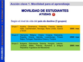 Grupo 1 Austria, Dinamarca, Finlandia, Francia, Irlanda, 
Italia, Liechtenstein, Noruega, Reino Unido, Suecia 
y Suiza 
300€ / mes 
Grupo 2 Alemania, Bélgica, Chipre, Croacia, Eslovenia, 
España, Grecia, Islandia, Luxemburgo, Países 
Bajos, Portugal, República Checa y Turquía 
250€ / mes 
Grupo 3 Bulgaria, Eslovaquia, Estonia, Hungría, Letonia, 
Lituania, Malta, Polonia, Rumanía y antigua 
República Yugoslava de Macedonia 
200€ / mes 
Acción clave 1. Movilidad para el aprendizaje 
MOVILIDAD DDEE EESSTTUUDDIIAANNTTEESS 
AAYYUUDDAASS 
Según el nivel de vida del país de destino (3 grupos) 
 