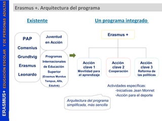 Erasmus +. Arquitectura del programa 
Existente Un programa integrado 
Juventud 
en Acción 
Programas 
Internacionales 
de Educación 
Superior 
(Erasmus Mundus 
Tempus, Alfa, 
Edulink) 
PAP 
Comenius 
Grundtvig 
Erasmus 
Leonardo 
Erasmus + 
Actividades específicas: 
-Iniciativas Jean Monnet 
-Acción para el deporte 
Acción 
clave 1 
Movilidad para 
el aprendizaje 
Acción 
clave 2 
Cooperación 
Acción 
clave 3 
Reforma de 
las políticas 
Arquitectura del programa 
simplificada, más sencilla 
 