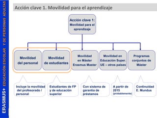 Acción clave 1. Movilidad para el aprendizaje 
Incluye la movilidad 
del profesorado / 
personal 
Acción clave 1: 
Movilidad para el 
aprendizaje 
Estudiantes de FP 
y de educación 
superior 
Con sistema de 
garantía de 
préstamos 
Movilidad 
del personal 
Movilidad 
de estudiantes 
Movilidad 
en Máster 
Erasmus Master 
Movilidad en 
Educación Super. 
UE – otros países 
Programas 
conjuntos de 
Máster 
A partir de 
2015 
(probablemente) 
Continuidad 
E. Mundus 
 