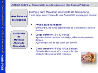 Acción clave 2. Cooperación para la Innovación y las Buenas Prácticas 
Asociaciones 
estratégicas 
Actividades 
de 
Movilidad 
Alumnado 
Secundaria 
Ejemplo para Movilidad Alumnado de Secundaria 
Tiene lugar en el marco de una Asociación estratégica escolar 
• Ayuda para transporte: 
Entre 275 y 360 euros dependiendo de la distancia al país de 
destino 
• Larga duración: 2 a 12 meses 
Ayuda individual mensual entre 60 y 145 euros dependiendo 
del país 
Ayuda lingüística de 150 euros por alumno 
• Corta duración: 5 días hasta 2 meses 
Dieta de 55 euros para los primeros 14 días 
Dieta de 40 euros para los restantes 
 