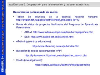 Erasmus+. Acción clave A 2c.c Cióono pcelarvacei ó2n ( KpAar2a) la innovación y las buenas prácticas 
Herramientas de búsqueda de socios: 
• Tablón de anuncios de la agencia nacional húngara: 
http://english.tpf.hu/pages/partner/index.php?page_id=13 
• Bases de datos de proyectos finalizados del Programa de Aprendizaje 
Permanente: 
• ADAM: http://www.adam-europe.eu/adam/homepageView.htm 
• EST: http://www.oapee-est.es/est/index.html 
• eTwinning (centros educativos): 
http://www.etwinning.net/es/pub/index.htm 
• Buscador de socios para proyectos PAP: 
http://llp.teamwork.fr/partner_search/partner_search.php 
• Cordis (investigadores): 
https://cordis.europa.eu/partners/web/guest/home 
 