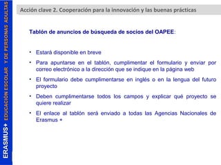 Erasmus+. Acción clave A 2c.c Cióono pcelarvacei ó2n ( KpAar2a) la innovación y las buenas prácticas 
Tablón de anuncios de búsqueda de socios del OAPEE: 
• Estará disponible en breve 
• Para apuntarse en el tablón, cumplimentar el formulario y enviar por 
correo electrónico a la dirección que se indique en la página web 
• El formulario debe cumplimentarse en inglés o en la lengua del futuro 
proyecto 
• Deben cumplimentarse todos los campos y explicar qué proyecto se 
quiere realizar 
• El enlace al tablón será enviado a todas las Agencias Nacionales de 
Erasmus + 
 
