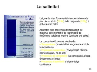 37
L’aigua de mar fonamentalment està formada
per clorur sòdic (Cl Na) i de magnesi (Cl Mg) i
pobres amb calci.
Aquestes sals provenen del transport de
material continental o de l’aportació de
fenòmens volcànics marins (derivats del sofre)
La concentració de sals depèn de:
• Temperatura (la solubilitat augmenta amb la
temperatura)
• Processos evaporatius (l’evaporació elimina
només l’aigua, no la sal)
• Processos de congelació (la congelació afecta
únicament a l’aigua)
• Processos d’aportació d’aigua dolça
continental
La salinitat
 