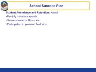 Student Attendance and Retention: Kainai
•Monthly monetary awards
•Year-end awards: Bikes, etc.
•Participation in year-end field trips
School Success Plan
 