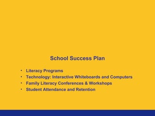 • Literacy Programs
• Technology: Interactive Whiteboards and Computers
• Family Literacy Conferences & Workshops
• Student Attendance and Retention
School Success Plan
 