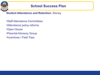 Student Attendance and Retention: Stoney
•Staff Attendance Committees
•Attendance policy reforms
•Open House
•Parental Advisory Group
•Incentives / Field Trips
School Success Plan
 