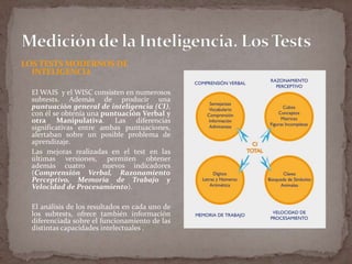 LOS TESTS MODERNOS DE
INTELIGENCIA
El WAIS y el WISC consisten en numerosos
subtests. Además de producir una
puntuación general de inteligencia (CI),
con él se obtenía una puntuación Verbal y
otra Manipulativa. Las diferencias
significativas entre ambas puntuaciones,
alertaban sobre un posible problema de
aprendizaje.
Las mejoras realizadas en el test en las
últimas versiones, permiten obtener
además cuatro
nuevos indicadores
(Comprensión Verbal, Razonamiento
Perceptivo, Memoria de Trabajo y
Velocidad de Procesamiento).
El análisis de los resultados en cada uno de
los subtests, ofrece también información
diferenciada sobre el funcionamiento de las
distintas capacidades intelectuales .

 