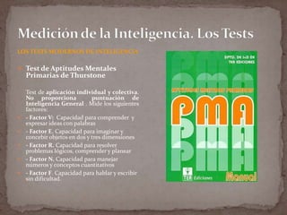 LOS TESTS MODERNOS DE INTELIGENCIA

 Test de Aptitudes Mentales

Primarias de Thurstone








Test de aplicación individual y colectiva.
No proporciona
puntuación de
Inteligencia General . Mide los siguientes
factores:
- Factor V: Capacidad para comprender y
expresar ideas con palabras
- Factor E. Capacidad para imaginar y
concebir objetos en dos y tres dimensiones
- Factor R. Capacidad para resolver
problemas lógicos, comprender y planear
- Factor N. Capacidad para manejar
números y conceptos cuantitativos
- Factor F. Capacidad para hablar y escribir
sin dificultad.

 