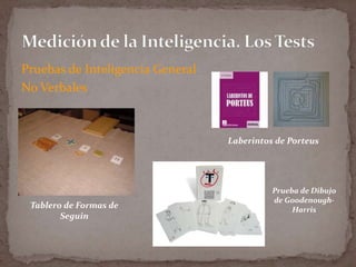 Pruebas de Inteligencia General
No Verbales

Laberintos de Porteus

Tablero de Formas de
Seguin

Prueba de Dibujo
de GoodenoughHarris

 