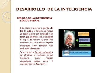 DESARROLLO DE LA INTELIGENCIA
PERIODO DE LA INTELIGENCIA
LÓGICO-FORMAL

Esta etapa comienza a partir de
los 11 años. El sistema cognitivo
ya puede operar con símbolos y sin
tener que apoyarse en la realidad.
Es capaz de realizar operaciones
mentales no sólo sobre objetos
concretos, sino también con
entidades abstractas.
Se es capaz de formular hipótesis y
se adquiere la madurez formal
necesaria
para
realizar
operaciones lógicas como el
razonamiento deductivo.

 