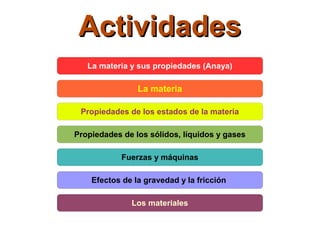Actividades
La materia y sus propiedades (Anaya)

La materia
Propiedades de los estados de la materia
Propiedades de los sólidos, líquidos y gases
Fuerzas y máquinas
Efectos de la gravedad y la fricción
Los materiales

 