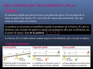 MECANISMOS DE TRANSMISIÓN LINEAL
Palanca
Es una barra rígida que gira en torno a un punto de apoyo. En un punto de la
barra se aplica una fuerza, (F), con el fin de vencer una resistencia, (R), que
actúa en otro punto de la barra.
La palanca se encuentra en equilibrio cuando el producto de la fuerza, (F), por su
distancia ,(d), al punto de apoyo es igual a la resistencia, (R), por su distancia, (r),
al punto de apoyo. Ley de la palanca F . d = R . r
La fuerza, (F), es tanto menor cuanto mayor es la distancia, (d), a la que se aplica.
Tipos de palancas
 
