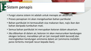 Sistem penapis
• Fungsi utama sistem ini adalah untuk menapis air akuarium.
• Proses penapisan ini akan mengeluarkan bahan partikulat
• Bahan partikulat ini termasuklah sisa makanan ikan, najis ikan dan
bahan daripada tumbuhan mati.
• Semua bahan partikulat ini merupakan kotoran dalam akuarium.
• Jika dibiarkan di dalam air, kotoran ini akan menurunkan kandungan
oksigen terlarut, menaikkan pH air (air menjadi lebih berasid) dan
meningkatkan kandungan ammonia dalam air (ammonia melebihi
paras tertentu menjadi racun kepada ikan).
 