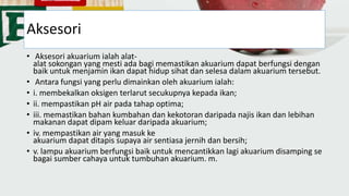 Aksesori
• Aksesori akuarium ialah alat-
alat sokongan yang mesti ada bagi memastikan akuarium dapat berfungsi dengan
baik untuk menjamin ikan dapat hidup sihat dan selesa dalam akuarium tersebut.
• Antara fungsi yang perlu dimainkan oleh akuarium ialah:
• i. membekalkan oksigen terlarut secukupnya kepada ikan;
• ii. mempastikan pH air pada tahap optima;
• iii. memastikan bahan kumbahan dan kekotoran daripada najis ikan dan lebihan
makanan dapat dipam keluar daripada akuarium;
• iv. mempastikan air yang masuk ke
akuarium dapat ditapis supaya air sentiasa jernih dan bersih;
• v. lampu akuarium berfungsi baik untuk mencantikkan lagi akuarium disamping se
bagai sumber cahaya untuk tumbuhan akuarium. m.
 