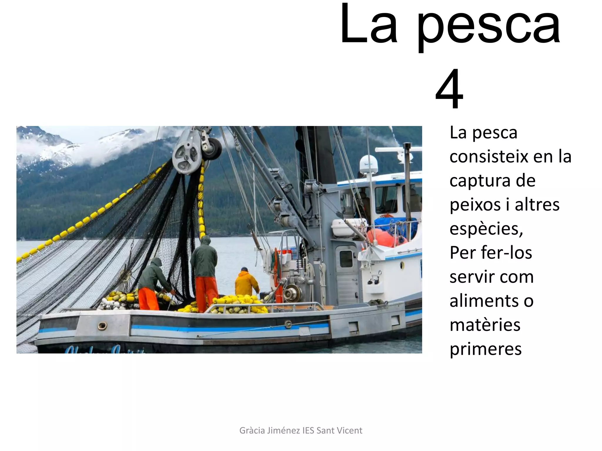 La pesca
                            4
                                 La pesca
                                 consisteix en la
                                 captura de
                                 peixos i altres
                                 espècies,
                                 Per fer-los
                                 servir com
                                 aliments o
                                 matèries
                                 primeres


Gràcia Jiménez IES Sant Vicent
 
