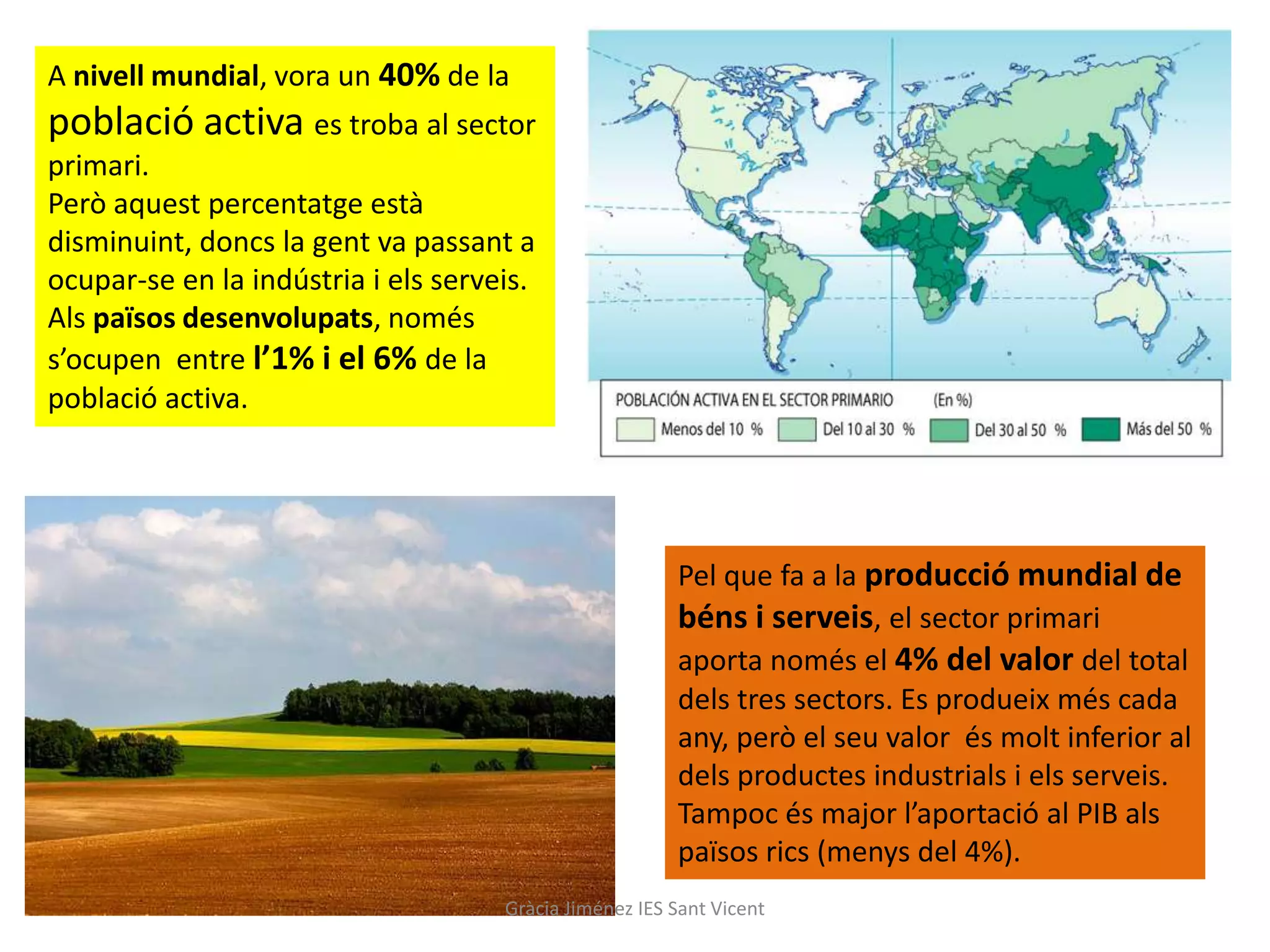 A nivell mundial, vora un 40% de la
població activa es troba al sector
primari.
Però aquest percentatge està
disminuint, doncs la gent va passant a
ocupar-se en la indústria i els serveis.
Als països desenvolupats, només
s’ocupen entre l’1% i el 6% de la
població activa.




                                                        Pel que fa a la producció mundial de
                                                        béns i serveis, el sector primari
                                                        aporta només el 4% del valor del total
                                                        dels tres sectors. Es produeix més cada
                                                        any, però el seu valor és molt inferior al
                                                        dels productes industrials i els serveis.
                                                        Tampoc és major l’aportació al PIB als
                                                        països rics (menys del 4%).
                                     Gràcia Jiménez IES Sant Vicent
 