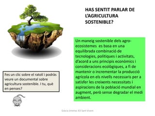 HAS SENTIT PARLAR DE
                                                             L’AGRICULTURA
                                                             SOSTENIBLE?


                                                    Un maneig sostenible dels agro-
                                                    ecosistemes es basa en una
                                                    equilibrada combinació de
                                                    tecnologies, polítiques i activitats,
                                                    d’acord a uns principis econòmics i
                                                    consideracions ecològiques, a fi de
                                                    mantenir o incrementar la producció
Fes un clic sobre el ratolí i podràs
                                                    agrícola en els nivells necessaris per a
veure un documental sobre
agricultura sostenible. I tu, què                   satisfer les creixents necessitats i
en penses?                                          aspiracions de la població mundial en
                                                    augment, però sense degradar el medi
                                                    ambient.

                                       Gràcia Jiménez IES Sant Vicent
 