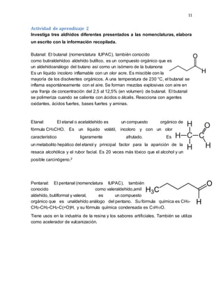 11
Actividad de aprendizaje 2
Investiga tres aldhidos diferentes presentados a las nomenclaturas, elabora
un escrito con la información recopilada.
Butanal: El butanal (nomenclatura IUPAC), también conocido
como butiraldehídoo aldehído butílico, es un compuesto orgánico que es
un aldehídoanálogo del butano así como un isómero de la butanona
Es un líquido incoloro inflamable con un olor acre. Es miscible con la
mayoría de los disolventes orgánicos. A una temperatura de 230 °C, el butanal se
inflama espontáneamente con el aire. Se forman mezclas explosivas con aire en
una franja de concentración del 2,5 al 12,5% (en volumen) de butanal. El butanal
se polimeriza cuando se calienta con ácidos o álcalis. Reacciona con agentes
oxidantes, ácidos fuertes, bases fuertes y aminas.
Etanal: El etanal o acetaldehído es un compuesto orgánico de
fórmula CH3CHO. Es un líquido volátil, incoloro y con un olor
característico ligeramente afrutado. Es
un metabolito hepático del etanol y principal factor para la aparición de la
resaca alcohólica y el rubor facial. Es 20 veces más tóxico que el alcohol y un
posible carcinógeno.2
Pentanal: El pentanal (nomenclatura IUPAC), también
conocido como valeraldehído,amil
aldehído, butilformal y valeral, es un compuesto
orgánico que es unaldehído análogo del pentano. Su fórmula química es CH3-
CH2-CH2-CH2-C(=O)H, y su fórmula química condensada es C5H10O.
Tiene usos en la industria de la resina y los sabores artificiales. También se utiliza
como acelerador de vulcanización.
 