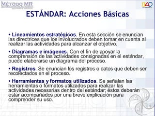 Lineamientos estratégicos .  En esta sección se enuncian las directrices que los involucrados deben tomar en cuenta al realizar las actividades para alcanzar el objetivo.  Diagramas e imágenes .  Con el fin de apoyar la comprensión de las actividades consignadas en el estándar, puede elaborarse un diagrama del proceso. Registros .  Se enuncian los registros o datos que deben ser recolectados en el proceso.  Herramientas y formatos utilizados . Se señalan las herramientas o formatos utilizados para realizar las actividades necesarias dentro del estándar; éstos deberán estar acompañados por una breve explicación para comprender su uso. ESTÁNDAR: Acciones Básicas 