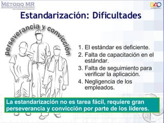 Estandarización: Dificultades   El estándar es deficiente. Falta de capacitación en el estándar. Falta de seguimiento para verificar la aplicación. Negligencia de los empleados. La estandarización no es tarea fácil, requiere gran perseverancia y convicción por parte de los líderes. 