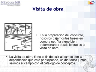 Visita de obra La visita de obra, tiene el fin de salir al campo con la dependencia que esta participando, un día todos juntos salimos al campo con el catalogo de conceptos. En la preparación del concurso, nosotros bajamos las bases en compra net. Ya viene bien determinando desde lo que es la visita de obra. 