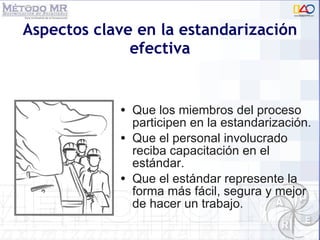 Aspectos clave en la estandarización efectiva Que los miembros del proceso participen en la estandarizaci ón . Que el personal involucrado reciba capacitación en el estándar.  Que el estándar represente la forma más fácil, segura y mejor de hacer un trabajo. 