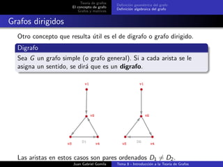 Teor´ıa de grafos
El concepto de grafo
Grafos y matrices
Deﬁnici´on geom´etrica del grafo
Deﬁnici´on algebraica del grafo
Grafos dirigidos
Otro concepto que resulta ´util es el de digrafo o grafo dirigido.
Digrafo
Sea G un grafo simple (o grafo general). Si a cada arista se le
asigna un sentido, se dir´a que es un digrafo.
Las aristas en estos casos son pares ordenados D1 = D2.
Juan Gabriel Gomila Tema 8 - Introducci´on a la Teor´ıa de Grafos
 