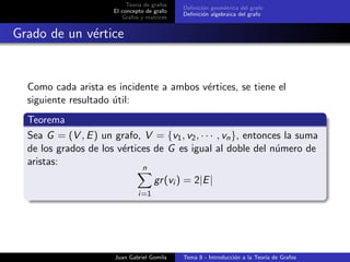 Teor´ıa de grafos
El concepto de grafo
Grafos y matrices
Deﬁnici´on geom´etrica del grafo
Deﬁnici´on algebraica del grafo
Grado de un v´ertice
Como cada arista es incidente a ambos v´ertices, se tiene el
siguiente resultado ´util:
Teorema
Sea G = (V , E) un grafo, V = {v1, v2, · · · , vn}, entonces la suma
de los grados de los v´ertices de G es igual al doble del n´umero de
aristas:
n
i=1
gr(vi ) = 2|E|
Juan Gabriel Gomila Tema 8 - Introducci´on a la Teor´ıa de Grafos
 