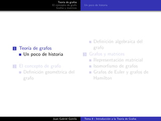 Teor´ıa de grafos
El concepto de grafo
Grafos y matrices
Un poco de historia
1 Teor´ıa de grafos
Un poco de historia
2 El concepto de grafo
Deﬁnici´on geom´etrica del
grafo
Deﬁnici´on algebraica del
grafo
3 Grafos y matrices
Representaci´on matricial
Isomorﬁsmo de grafos
Grafos de Euler y grafos de
Hamilton
Juan Gabriel Gomila Tema 8 - Introducci´on a la Teor´ıa de Grafos
 