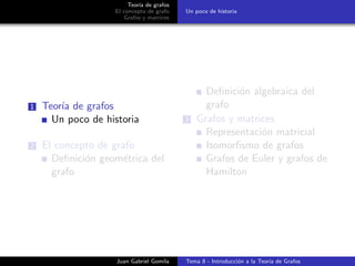 Teor´ıa de grafos
El concepto de grafo
Grafos y matrices
Un poco de historia
1 Teor´ıa de grafos
Un poco de historia
2 El concepto de grafo
Deﬁnici´on geom´etrica del
grafo
Deﬁnici´on algebraica del
grafo
3 Grafos y matrices
Representaci´on matricial
Isomorﬁsmo de grafos
Grafos de Euler y grafos de
Hamilton
Juan Gabriel Gomila Tema 8 - Introducci´on a la Teor´ıa de Grafos
 