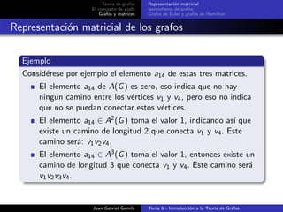 Teor´ıa de grafos
El concepto de grafo
Grafos y matrices
Representaci´on matricial
Isomorﬁsmo de grafos
Grafos de Euler y grafos de Hamilton
Representaci´on matricial de los grafos
Ejemplo
Consid´erese por ejemplo el elemento a14 de estas tres matrices.
El elemento a14 de A(G) es cero, eso indica que no hay
ning´un camino entre los v´ertices v1 y v4, pero eso no indica
que no se puedan conectar estos v´ertices.
El elemento a14 ∈ A2(G) toma el valor 1, indicando as´ı que
existe un camino de longitud 2 que conecta v1 y v4. Este
camino ser´a: v1v2v4.
El elemento a14 ∈ A3(G) toma el valor 1, entonces existe un
camino de longitud 3 que conecta v1 y v4. Este camino ser´a
v1v2v3v4.
Juan Gabriel Gomila Tema 8 - Introducci´on a la Teor´ıa de Grafos
 