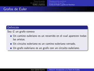 Teor´ıa de grafos
El concepto de grafo
Grafos y matrices
Representaci´on matricial
Isomorﬁsmo de grafos
Grafos de Euler y grafos de Hamilton
Grafos de Euler
Deﬁnici´on
Sea G un grafo conexo
Un camino euleriano es un recorrido en el cual aparecen todas
las aristas.
Un circuito euleriano es un camino euleriano cerrado.
Un grafo euleriano es un grafo con un circuito euleriano.
Juan Gabriel Gomila Tema 8 - Introducci´on a la Teor´ıa de Grafos
 