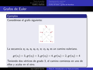 Teor´ıa de grafos
El concepto de grafo
Grafos y matrices
Representaci´on matricial
Isomorﬁsmo de grafos
Grafos de Euler y grafos de Hamilton
Grafos de Euler
Ejemplos
Consid´erese el grafo siguiente:
La secuencia e2 e4 e5 e8 e1 e7 e3 e6 es un camino euleriano.
gr(v1) = 3, gr(v2) = 3, gr(v3) = 4, gr(v4) = 2, gr(v5) = 4
Teniendo dos v´ertices de grado 3, el camino comienza en uno de
ellos y acaba en el otro.
Juan Gabriel Gomila Tema 8 - Introducci´on a la Teor´ıa de Grafos
 