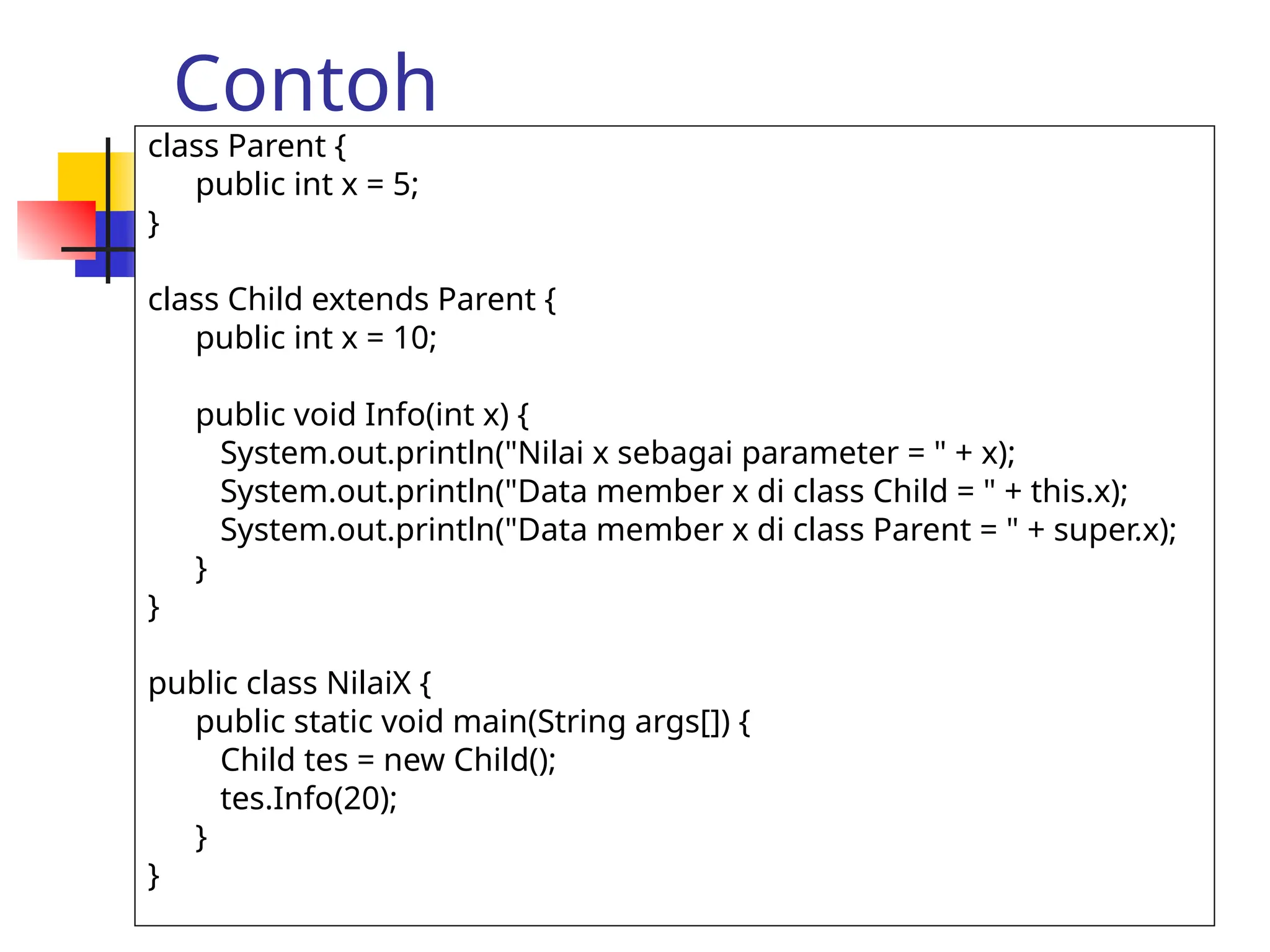 Contoh
class Parent {
public int x = 5;
}
class Child extends Parent {
public int x = 10;
public void Info(int x) {
System.out.println("Nilai x sebagai parameter = " + x);
System.out.println("Data member x di class Child = " + this.x);
System.out.println("Data member x di class Parent = " + super.x);
}
}
public class NilaiX {
public static void main(String args[]) {
Child tes = new Child();
tes.Info(20);
}
}
 