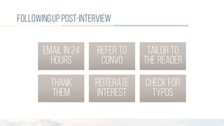 followingup post-interview
EMAIL IN24
HOURS
REFER TO
CONVO
TAILOR TO
THE READER
THANK
THEM
REITERATE
INTEREST
CHECKFOR
TYPOS
 